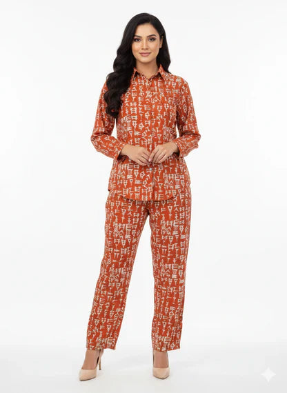 Orange Ancient Script Print Co-Ord Shirt & Trouser Set