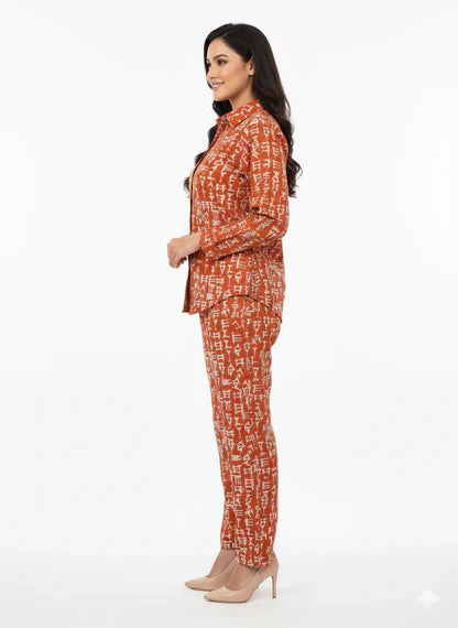 Orange Ancient Script Print Co-Ord Shirt & Trouser Set