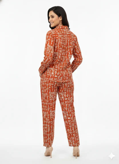 Orange Ancient Script Print Co-Ord Shirt & Trouser Set
