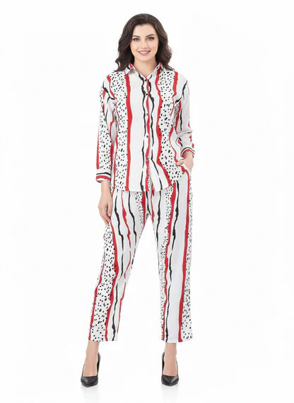 White & Red Abstract Art Stripe Chiffon Co-Ord Set