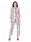 White & Red Abstract Art Stripe Chiffon Co-Ord Set