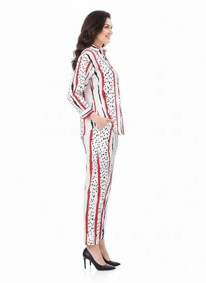 White & Red Abstract Art Stripe Chiffon Co-Ord Set