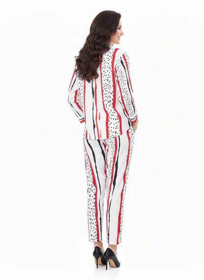 White & Red Abstract Art Stripe Chiffon Co-Ord Set