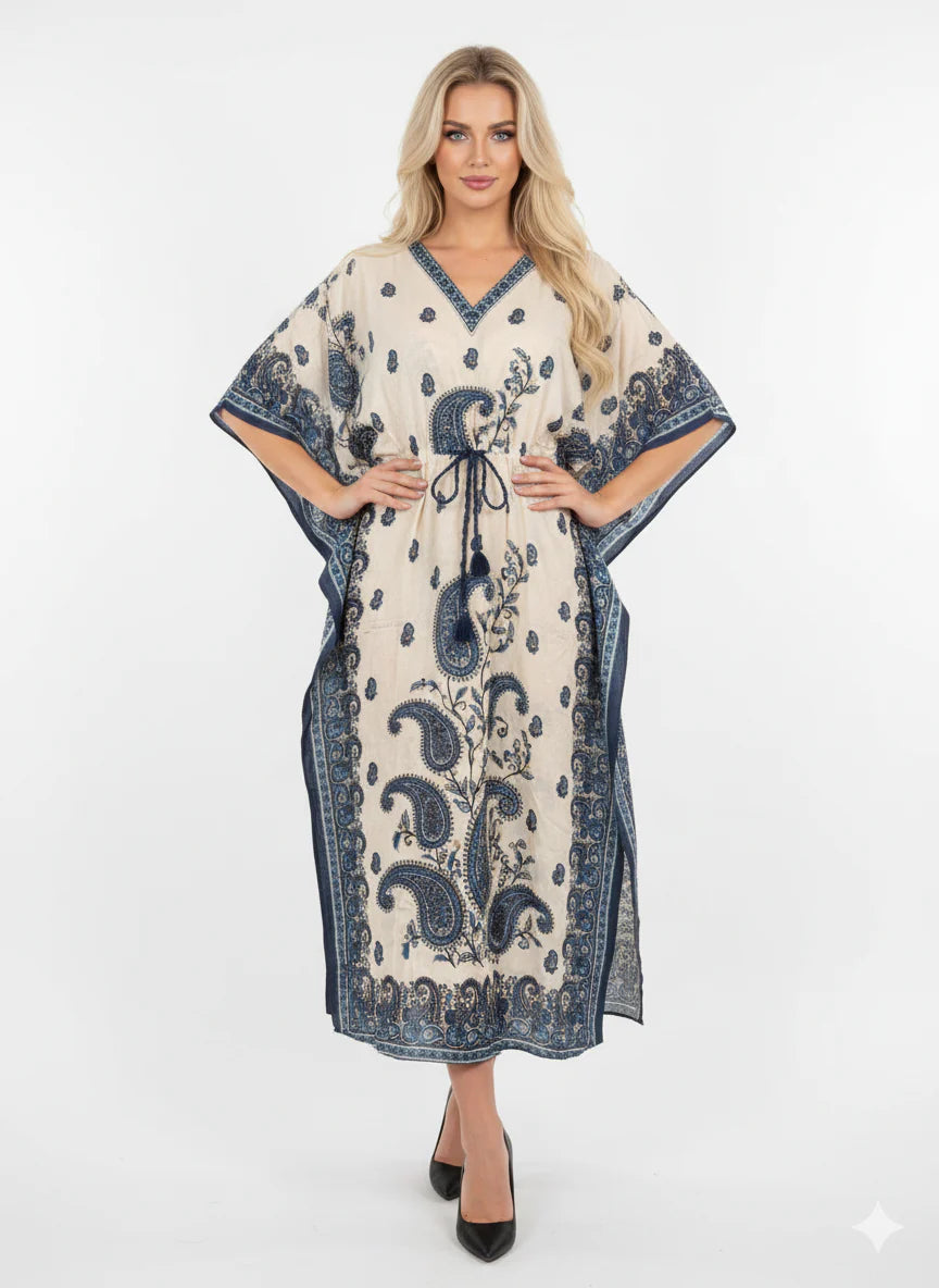Beige Blue Paisley Print Modest Kaftan Dress