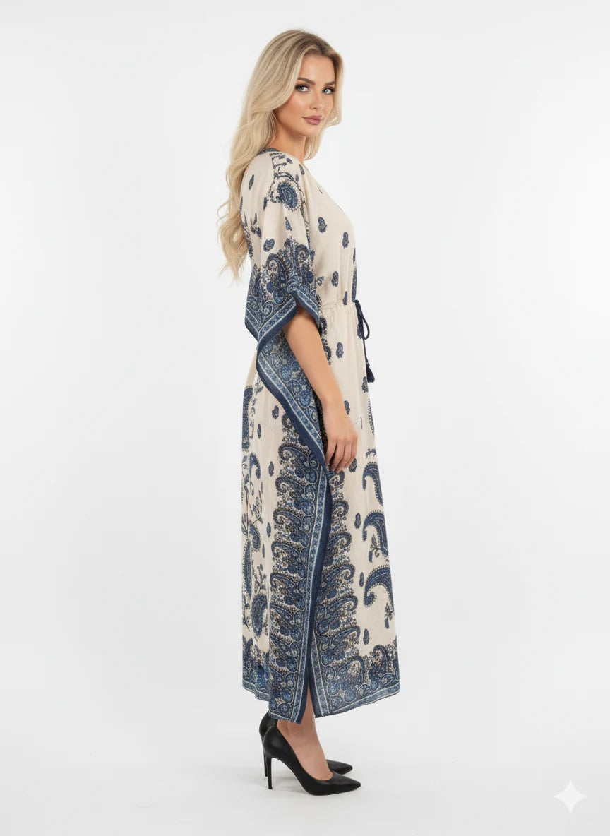 Beige Blue Paisley Print Modest Kaftan Dress