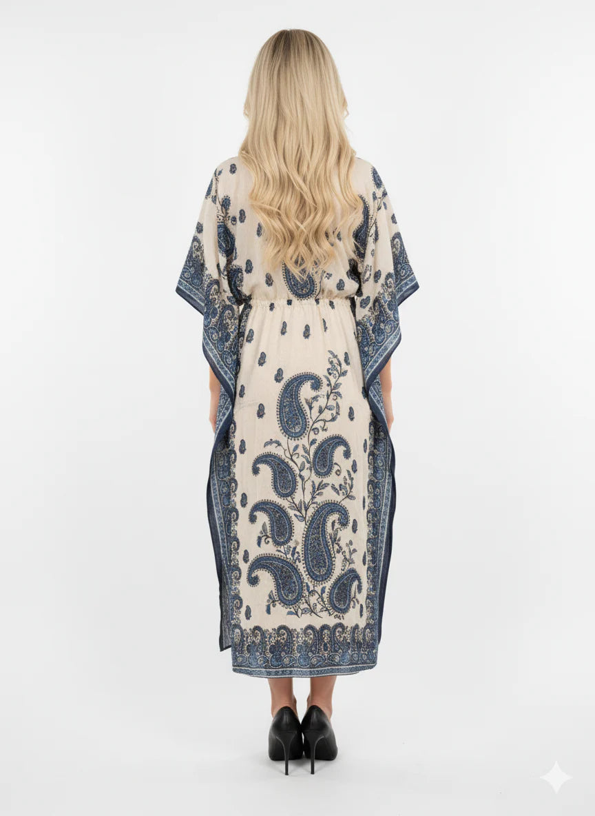 Beige Blue Paisley Print Modest Kaftan Dress