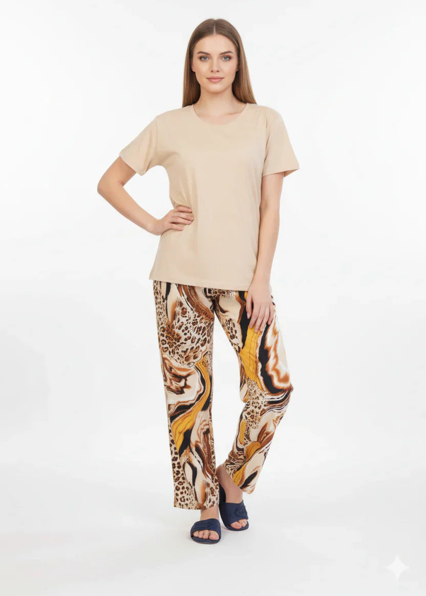 Beige Cotton T-Shirt Pajamas Set