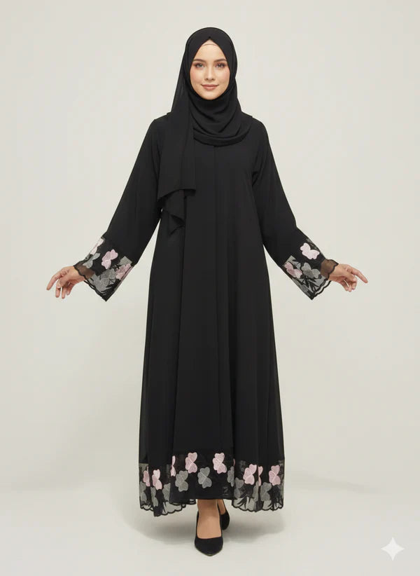 Black Abaya with Floral Organza Net Embroidery