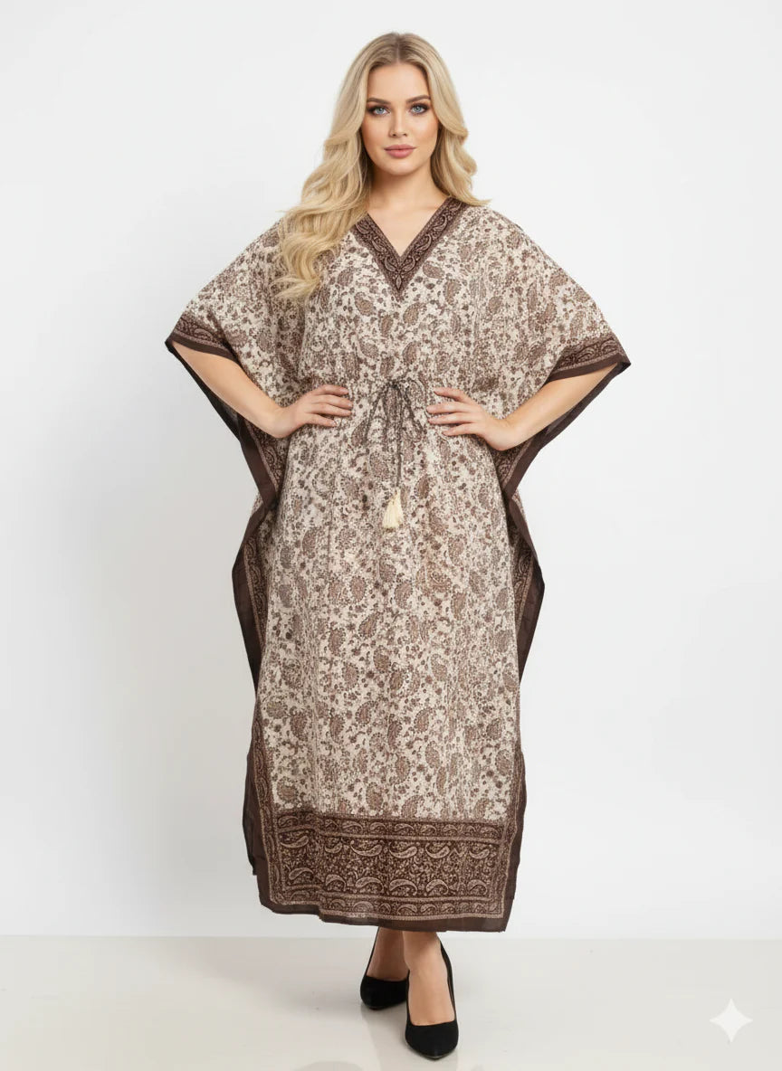 Brown Border Paisley Modest Kaftan Dress