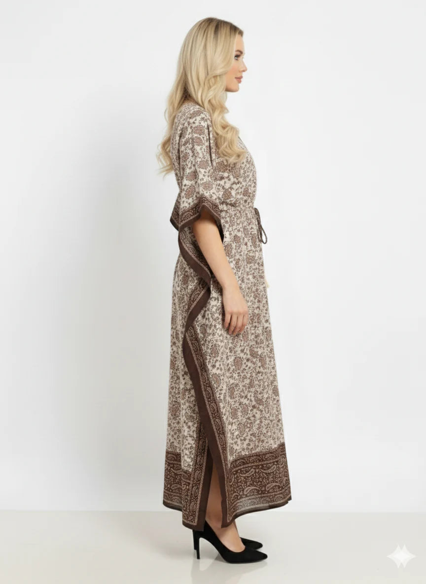 Brown Border Paisley Modest Kaftan Dress