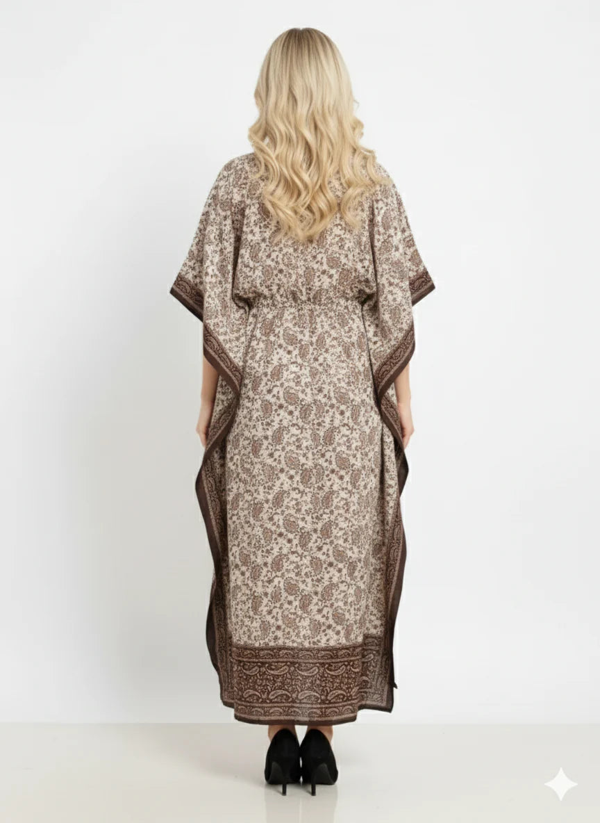 Brown Border Paisley Modest Kaftan Dress