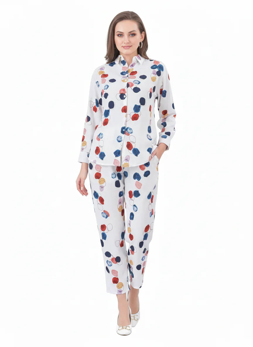 White Multicolor Dot Confetti Abstract Chiffon Co-Ord Set