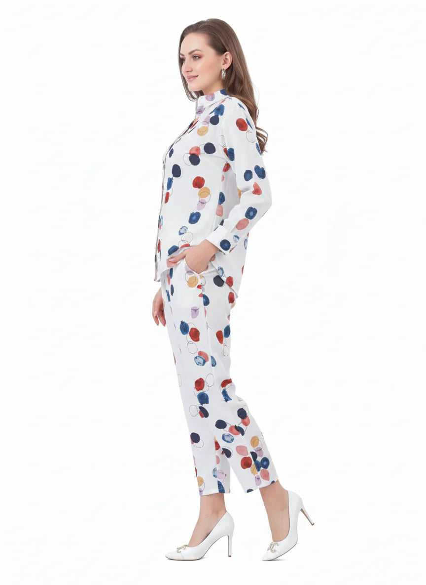 White Multicolor Dot Confetti Abstract Chiffon Co-Ord Set