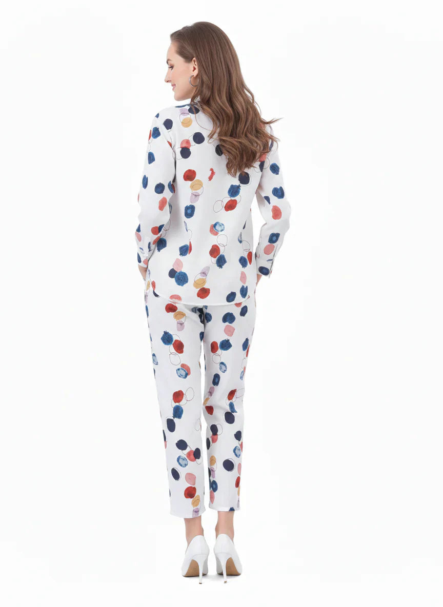 White Multicolor Dot Confetti Abstract Chiffon Co-Ord Set