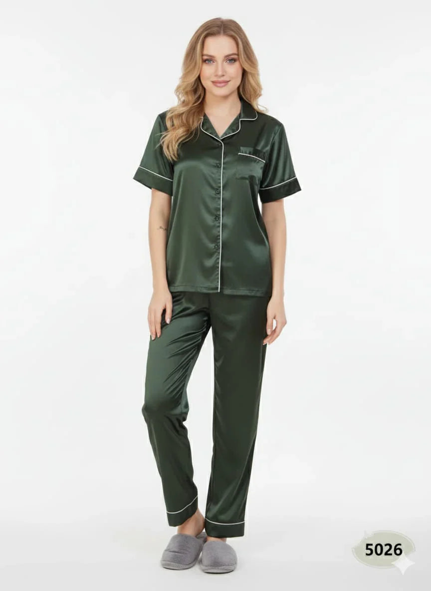 Dark Green Imported Italian Satin Premium Nightsuit