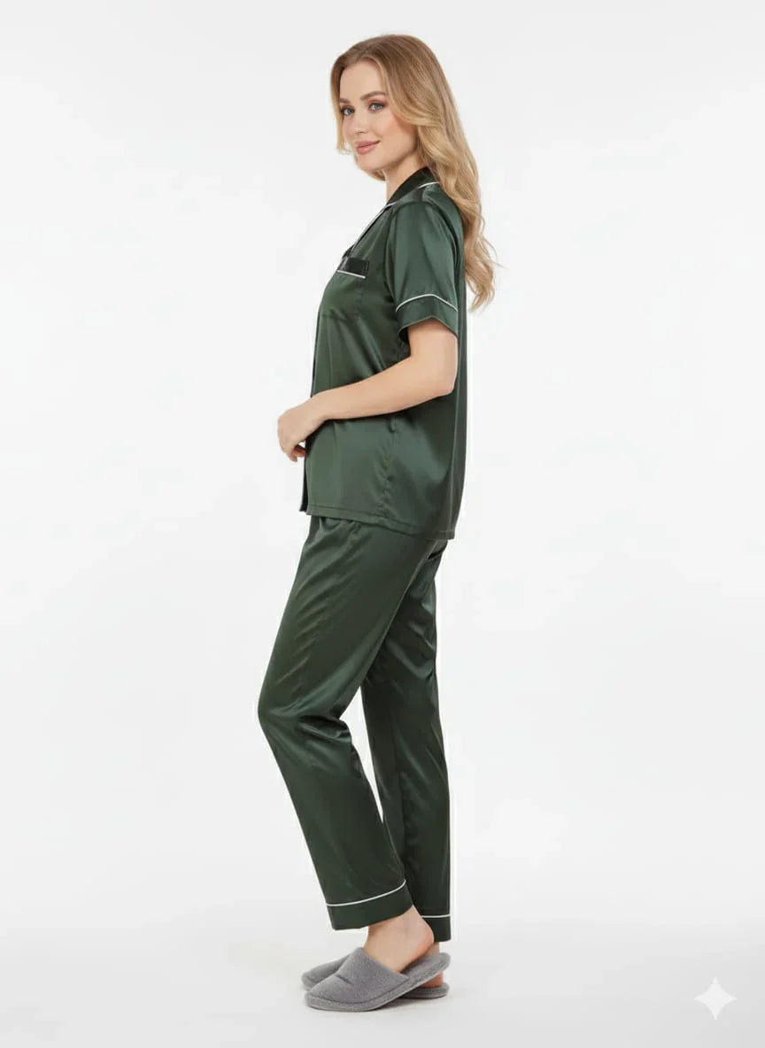 Dark Green Imported Italian Satin Premium Nightsuit
