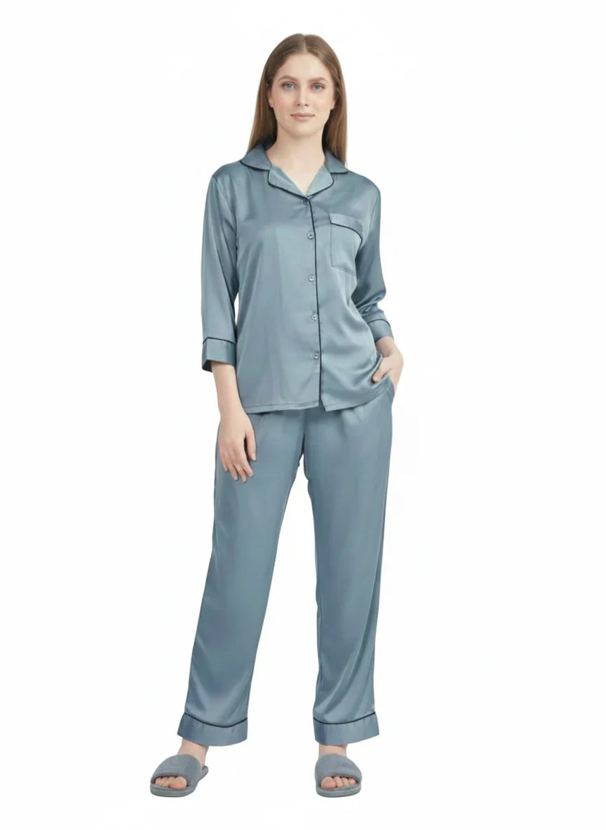 Blue Grey Armani Satin Elegant Nightsuit