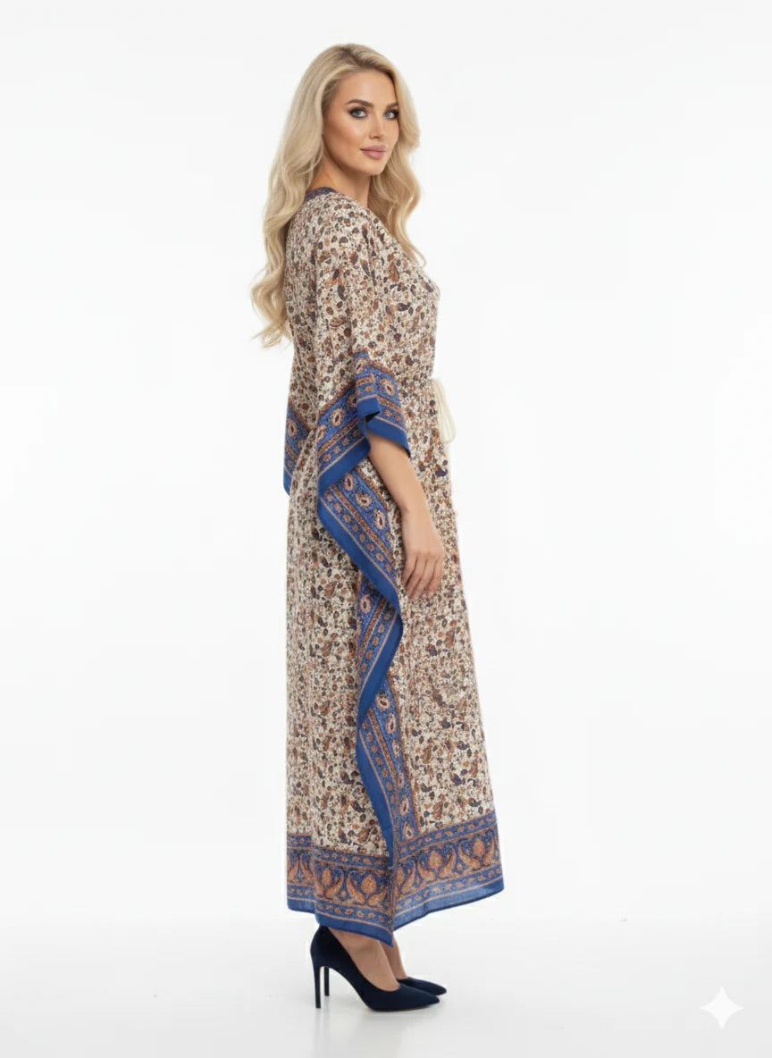 Blue Paisley Print Modest Kaftan Dress