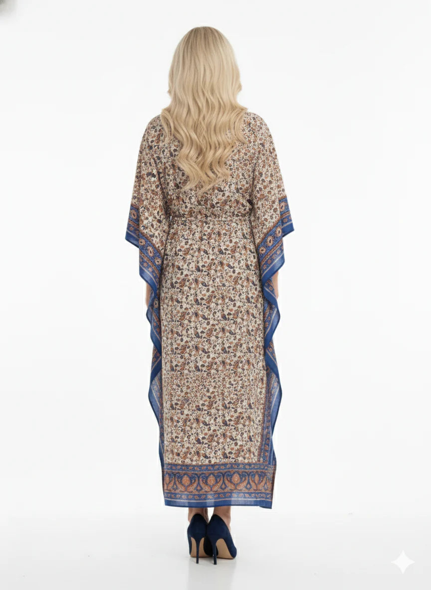 Blue Paisley Print Modest Kaftan Dress