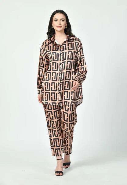 Geometric Print Japanese Satin Modest Luxury Co-Ord Set