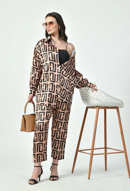 Geometric Print Japanese Satin Modest Luxury Co-Ord Set