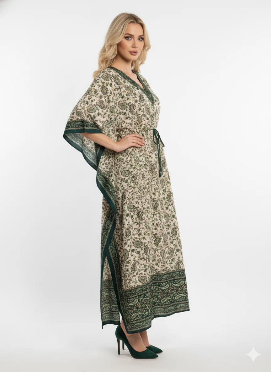 Green Paisley Print Modest Kaftan Maxi Dress