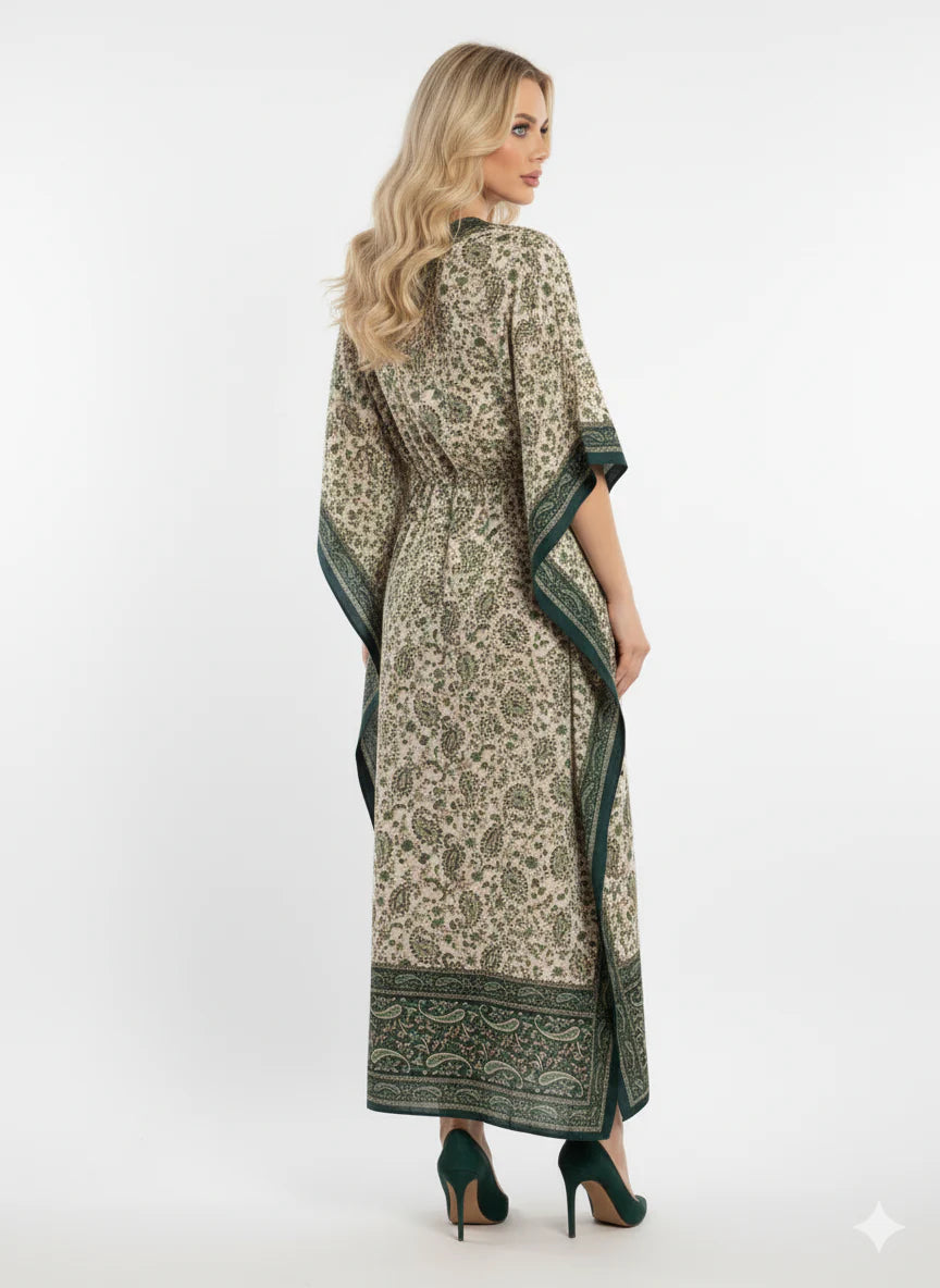 Green Paisley Print Modest Kaftan Maxi Dress