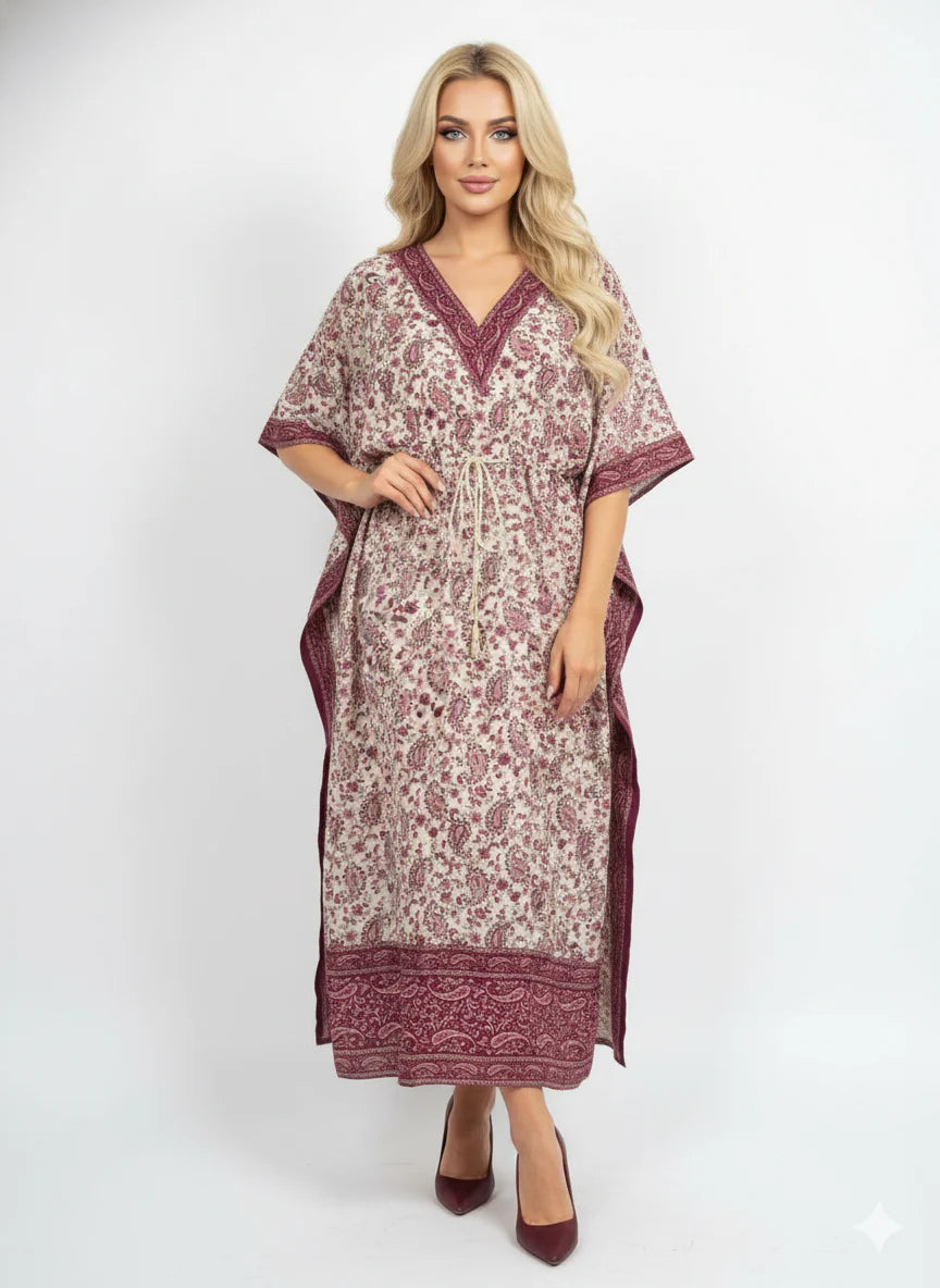 Red Paisley Print Kaftan Maxi Dress