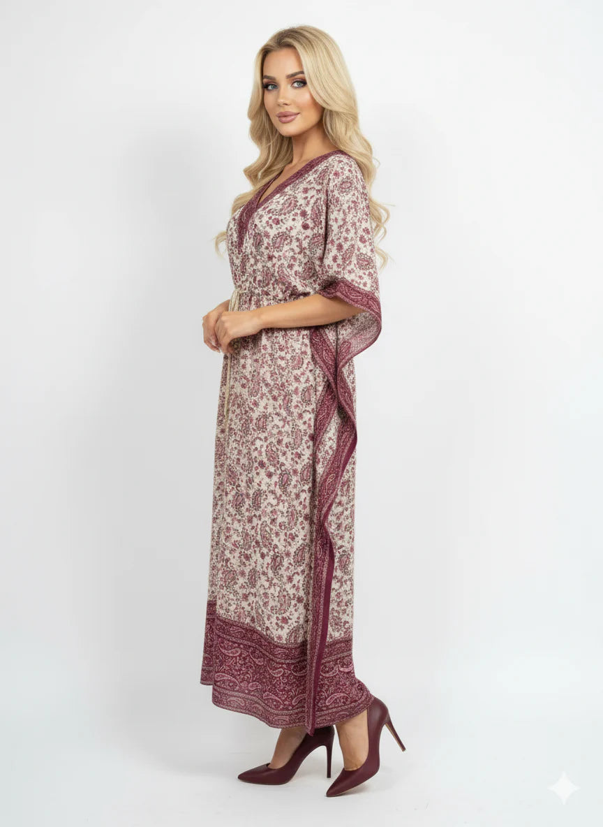 Red Paisley Print Kaftan Maxi Dress
