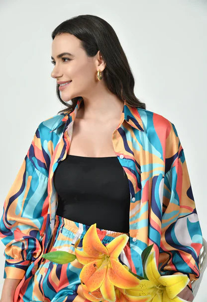 Multicolor Wave Print Japanese Satin Luxury Modest Co-Ord Set