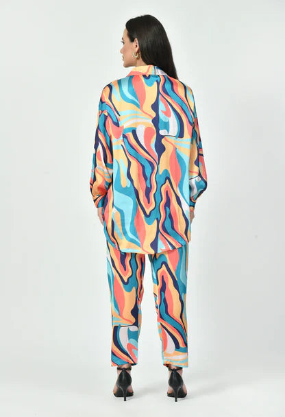 Multicolor Wave Print Japanese Satin Luxury Modest Co-Ord Set