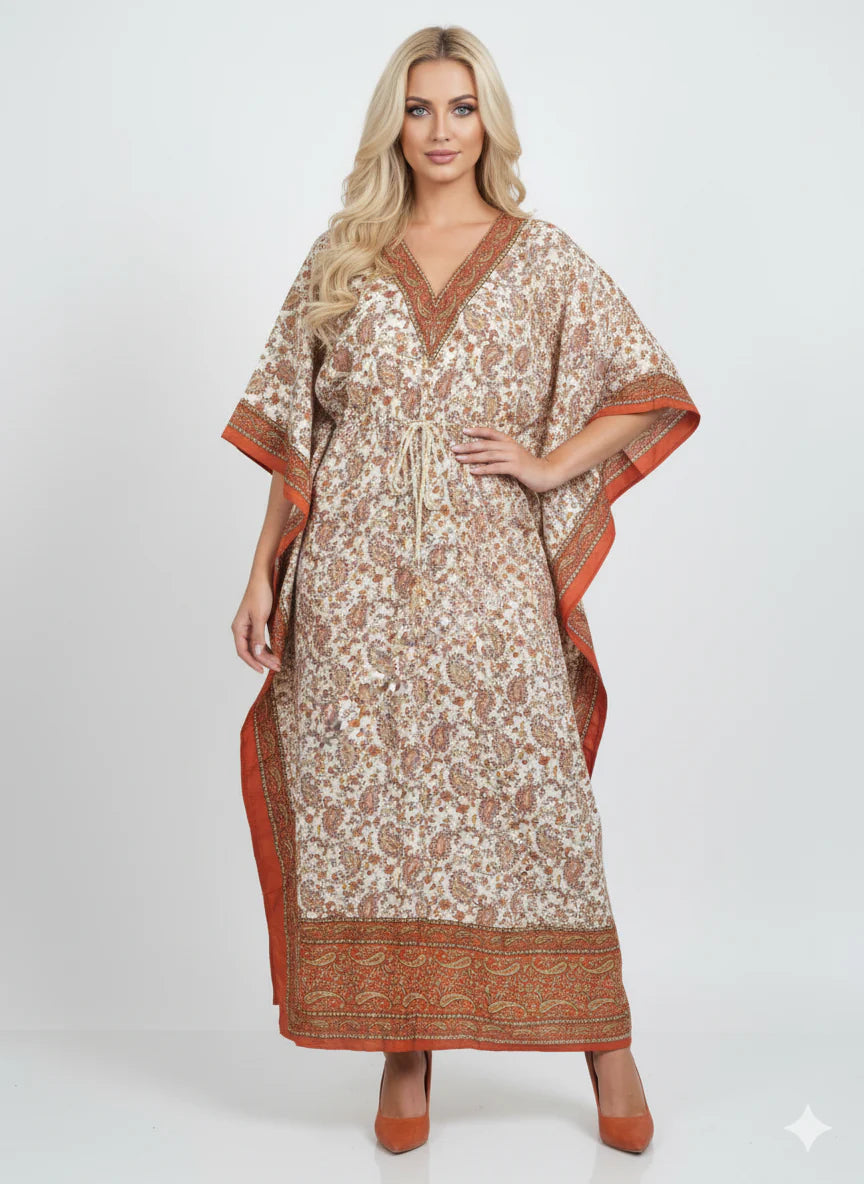 Orange Border Paisley Print Kaftan Maxi