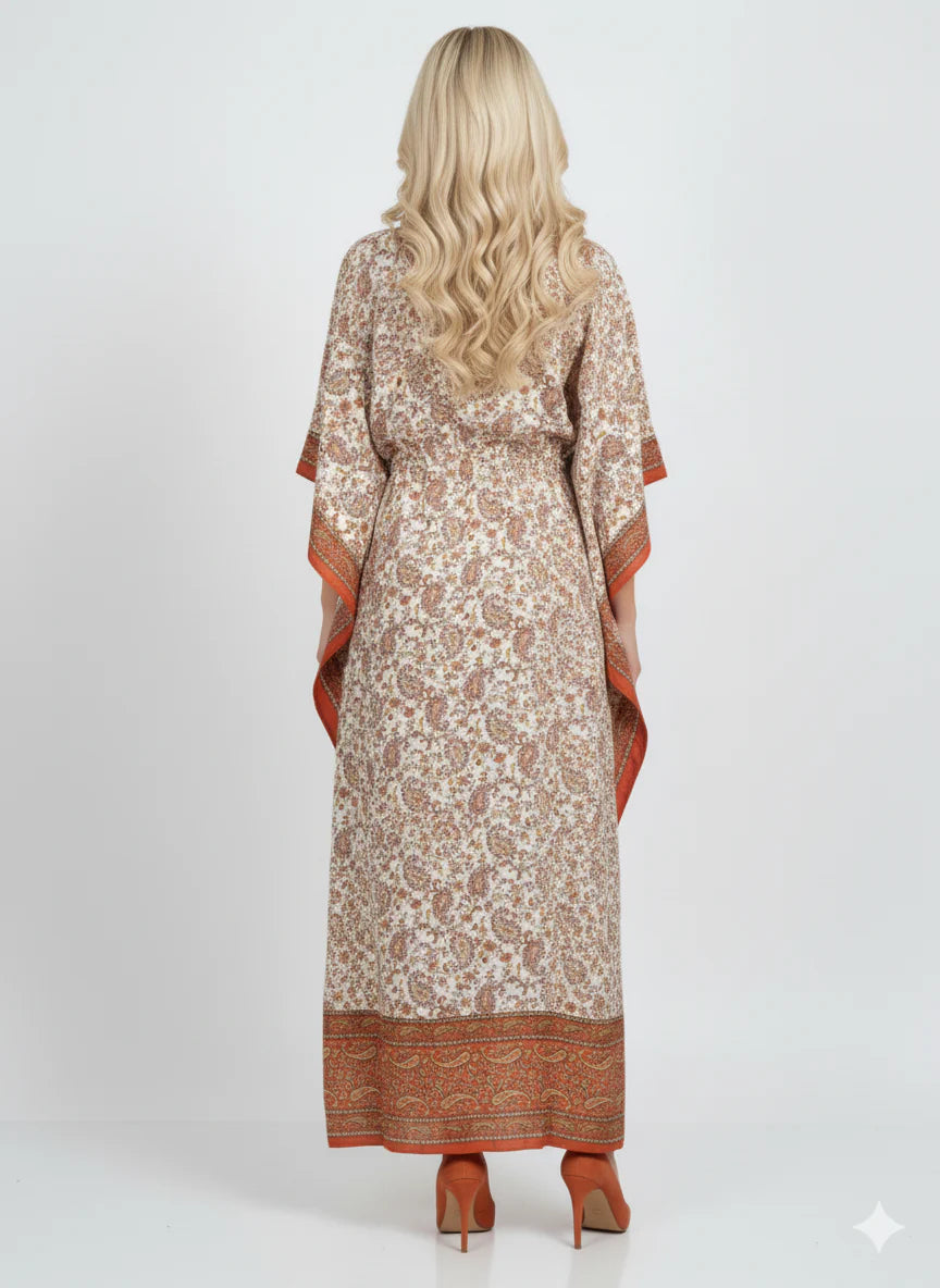 Orange Border Paisley Print Kaftan Maxi
