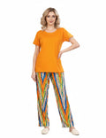 Orange Abstract Stripe T-Shirt Pajamas Set with Printed Pants