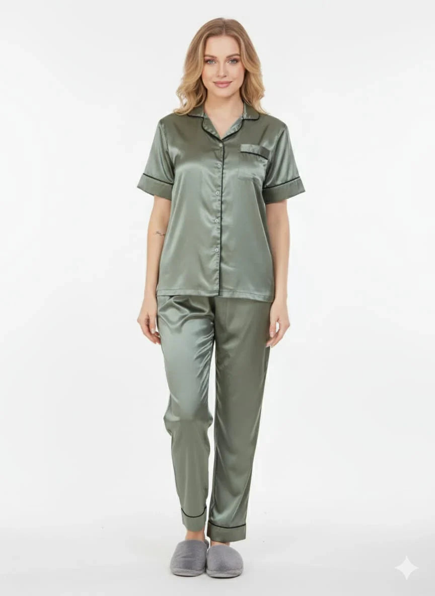 Sage Green Italian Satin Elegant Nightsuit