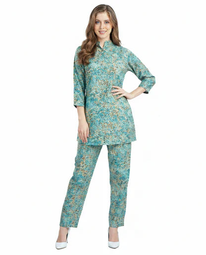 Teal Floral Print Kurti & Pant Modest Co-Ord Set