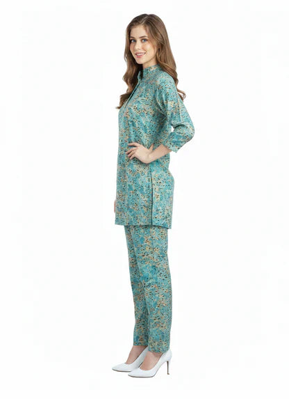 Teal Floral Print Kurti & Pant Modest Co-Ord Set