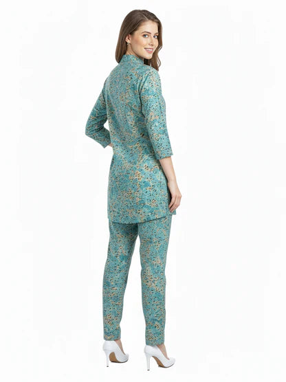 Teal Floral Print Kurti & Pant Modest Co-Ord Set