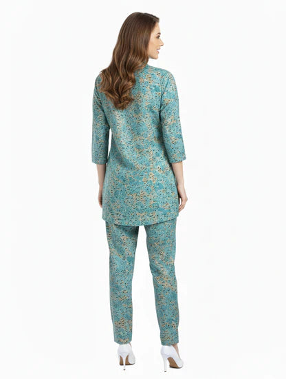 Teal Floral Print Kurti & Pant Modest Co-Ord Set