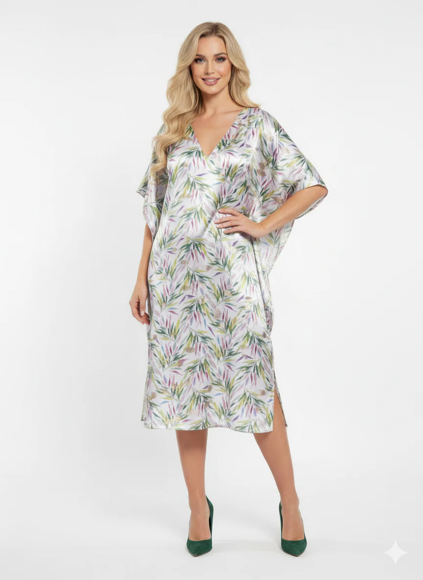 Tropical Satin Leaf Print Kaftan Maxi Dress