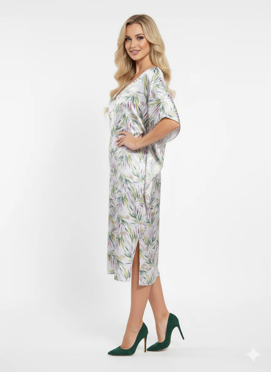 Tropical Satin Leaf Print Kaftan Maxi Dress