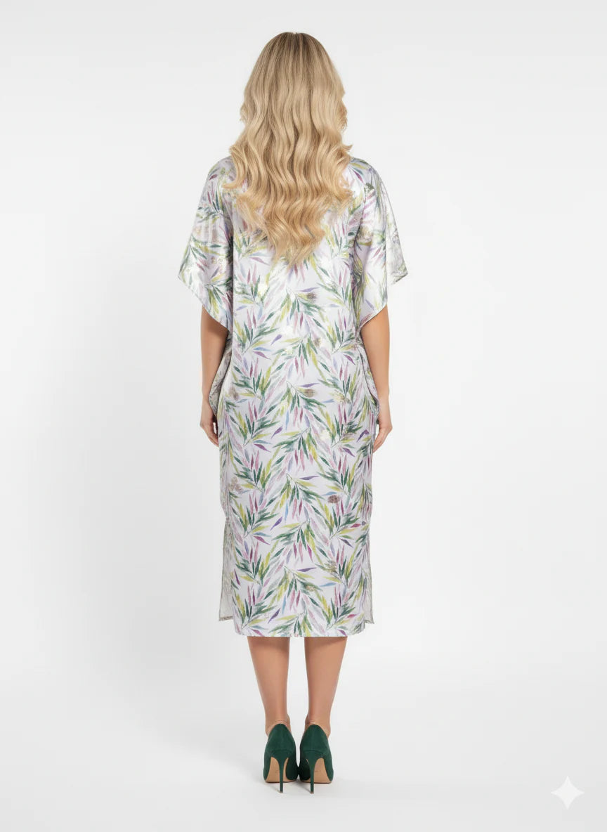 Tropical Satin Leaf Print Kaftan Maxi Dress